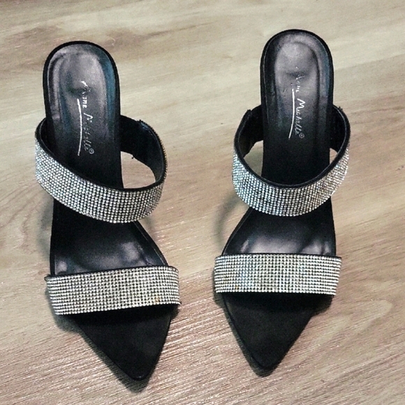 Anne Michelle Silver and Black Stiletto Heels with Rhinestone Straps - Picture 1 of 4